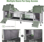 Wooden Rabbit Hutch with Wheels, Indoor Outdoor Bunny Cage with Removable Netting, Guinea Pig House with Leak-Proof Trays