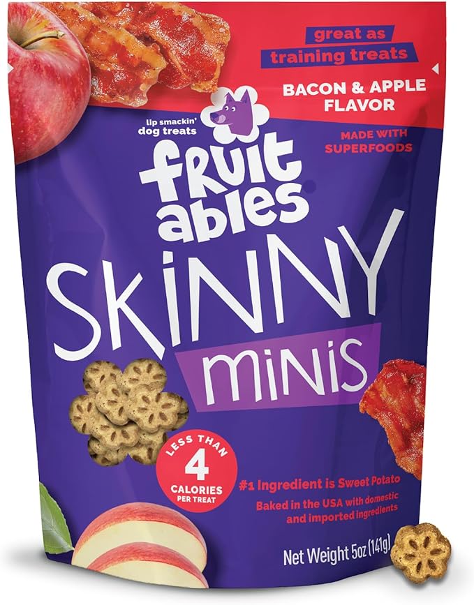 Fruitables Skinny Mini Dog Treats, Healthy Sweet Potato Treat for Dogs, Low Calorie & Delicious, Puppy Training, No Wheat, Corn or Soy, Made in the USA, Bacon and Apple Flavor, 5oz