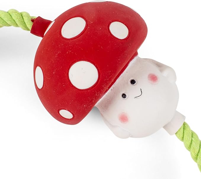 Tugga Magic Shrooms Dog Toy 75cm - Rope Latex and Plush Dog and Puppy Throw Fetch and Tug with Squeaker Mushrooms Enrichment