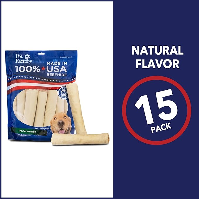 Pet Factory 100% Made in USA Beefhide 8" Rolls Dog Chew Treats - Natural Flavor, 15 Count/1 Pack