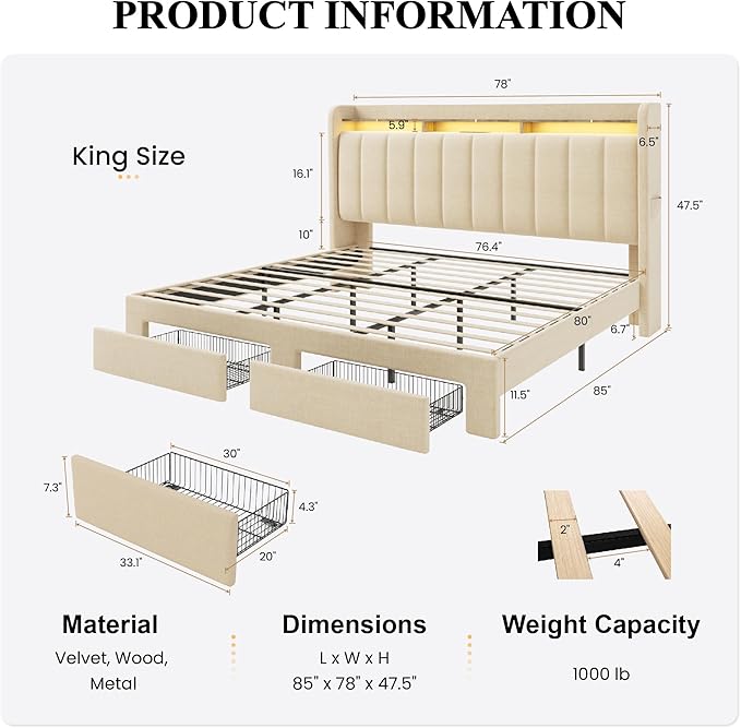 SHA CERLIN King Size Platform Bed Frame with Vertical Channel Tufted Wingback Headboard & 2 Storage Drawers/2-Tier Shelves with LED Lights & Charging Station/Noise-Free/No Box Spring Needed/Beige