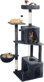 Cat Tree, 54-Inch Cat Tower for Indoor Cats, Soft Plush Multi-Level Climbing Cat Condo with Scratching Posts, Basket, Perches,2 Caves,2 Pompoms Play House for Cat(Dark Gray)