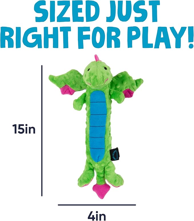 goDog Bubble Plush Skinny Dragons Squeaky Plush Dog Toy, Chew Guard Technology - Green, Large