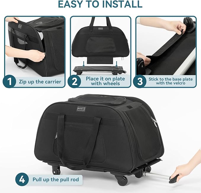 PETSFIT Extra Large Pet Carrier with Wheels- Rolling Dog Carrier for 2 Small Dogs, Large Cat Carrier on Wheels with Adjustable Safety Rope & Waterproof Bottom (𝑵𝒐𝒕 𝑨𝒊𝒓𝒍𝒊𝒏𝒆 𝑨𝒑𝒑𝒓𝒐𝒗𝒆𝒅)