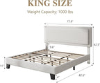 King Size Bed Frame with Adjustable Headboard, Boucle Cloud Platform Bed with Wood Slats, Mattress Foundation, No Box Spring Needed, Easy Assembly, Beige