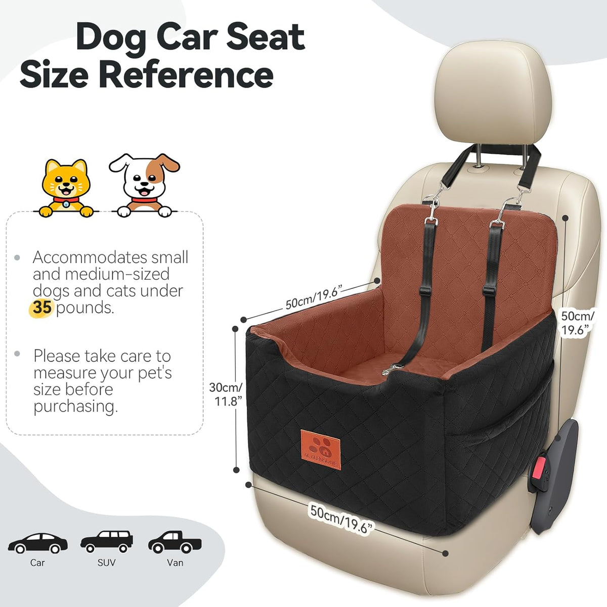 Dog Car Seat for Small/Medium Dogs Under 35lbs,Memory Foam Dog Booster Seats,Detachable and Washable Traval Pet Car Seat, Dogs Bed with 2 Safety Belts(Balck/Brown)