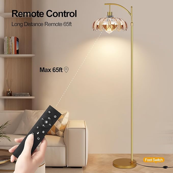Gold Arc Floor Lamp for Living Room with Remote,Dimmable Modern Floor Lamps with Amber Glass Shade,Unique Vintage Flower Standing Tall Lamp,Mid Century Floor Lamps for Bedroom Office Corner