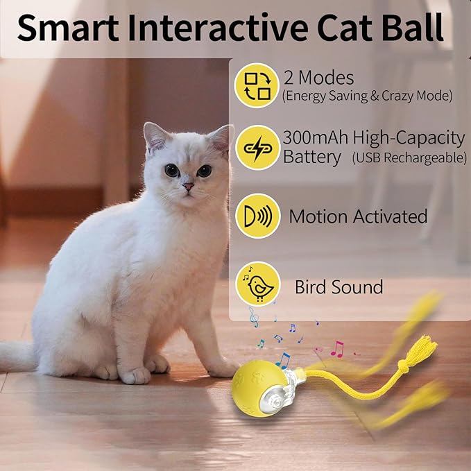 Interactive Cat Toys, Automatic Moving Cat Toys for Bored Indoor Adult Cats, Fast Rolling, Chirping & Motion-Activated Kitty Toys, Fun Gift for Cats with Speedy Tail 2.0, USB Rechargeable, Yellow