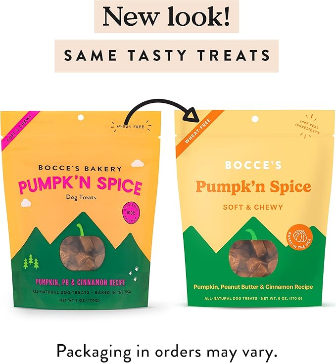 Bocce’s Bakery Pumpk'n Spice Treats for Dogs, Wheat-Free Everyday Dog Treats, Made with Real Ingredients, Baked in The USA, All-Natural Soft & Chewy Cookies, Pumpkin, Peanut Butter, & Cinnamon, 6 oz