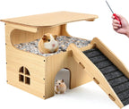 Wooden Guinea Pig Castle Hideout,Enlarged Guinea Pig Castle,Wooden Hamster House with Stairs & Mat,Long-Lasting Small Pet Bed for Piggies Chinchilla Rat Hamster Bunny