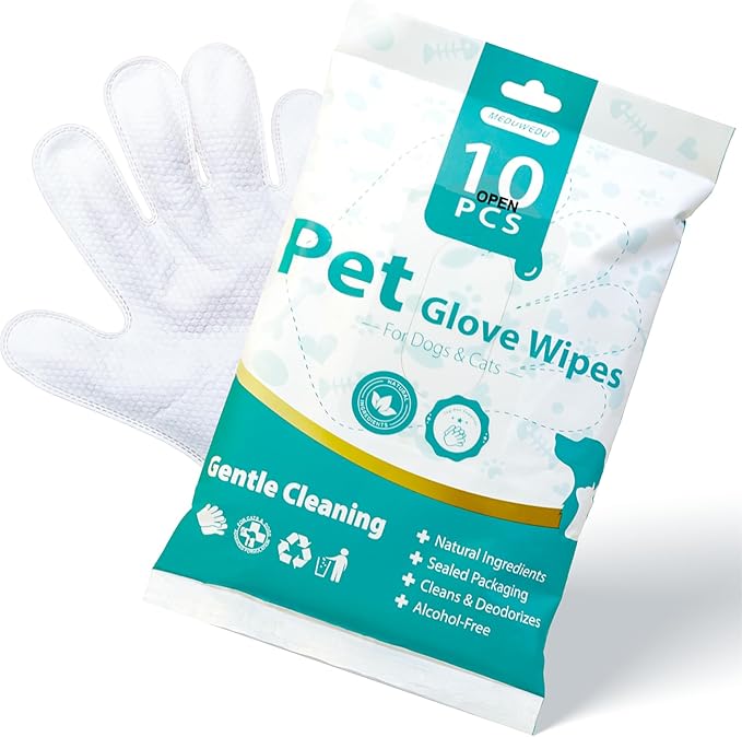 [10 Count] No-Rinse Pet Glove Wipes – 5-Finger Design, Coconut Oil & Aloe, Hypoallergenic Grooming Mitts for Dogs & Cats
