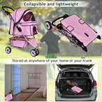 Dkeli 3-Wheel Pet Stroller, Lightweight Foldable Dog Stroller for Small Medium Dogs & Cats, Breathable Mesh & Weather Cover with Storage Basket, for Daily Walk Outdoor Travel (Pink)