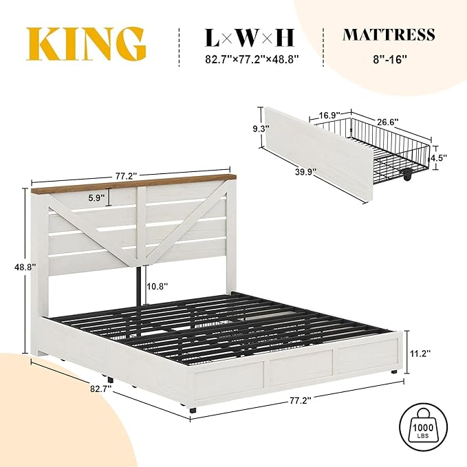AMERLIFE King Size Farmhouse Bed Frame with 4 Drawers, Wooden Storage Bed Frame with Headboard and Heavy Duty Metal Slats, Noisy Free, Easy Assemble, White/Barnwood