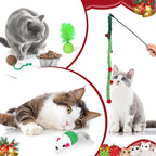 24 Pcs Cat Toys Set Interactive Kitten Toys Pack Including Collapsible Play Tunnel Feather Teaser Wand Fuzzy Ball Springs Pillow Mouse Bells for Indoor Cats Puppy (Green Red,Christmas)