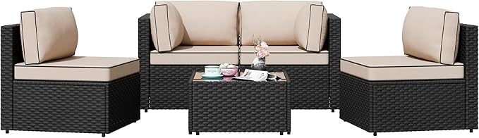 Shintenchi 5 Pieces Outdoor Patio Sectional Sofa Couch, Black PE Wicker Furniture Sets, Patio Conversation Sets with Washable Cushions Glass Coffee Table for Garden, Poolside, Backyard,(Khaki)