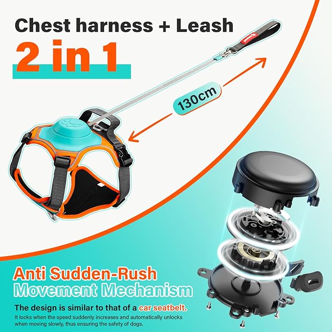 No Pull Dog Harness, 2 in 1 Retractable Harness with Auto-Lock, Reflective Breathable Mesh and Handle, Adjustable Leash Set for Small, Medium,Large Dogs,Cats (Color 1, L)