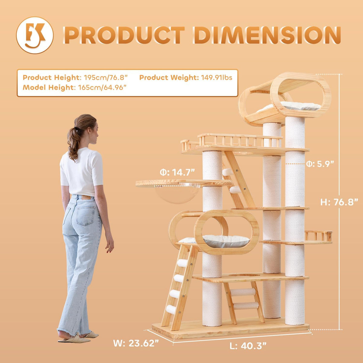76.8'' Modern Cat Tree for Indoor Cats, Tall Wooden Cat Tower for Home Decoration, Multi-Level Tower with Transparent Cat Bed, Huge Cat Condo for Multi-Cat Families