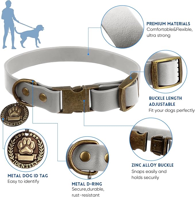 Wisedog Dog Collar and Leash Set, Waterproof Adjustable Puppy Collars with Cute Tag 6FT Dog Leash with Poop Bag for Small Medium Large Dogs (M(Collar:12"-18";Leash:5 ft), Grey)