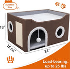 Loyareal Cat Houses for Indoor Cats - Large Cat Bed Cave with Scratch Pad and Fluffy Ball, Foldable Cat Condo Hideaway with Reversible Cushion for Multi Small Pet，Brown