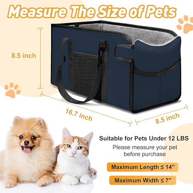 Portable Dog Car Seat for Small Dogs - Adjustable Safety Leash, Washable Cushion & Storage Pocket - Pet Booster Seat for Car Travel- Navy Blue