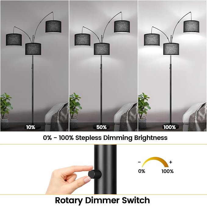 Dimmable Floor Lamp - 3 Lights Arc Floor Lamps for Living Room, 1000LM Modern Tall Standing Lamp With Black Shades & Heavy Base, Mid Century Tree Floor Lamp for Bedroom Office, 3 LED Bulbs Included