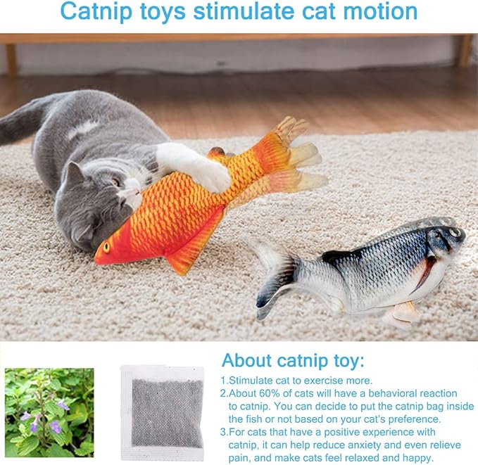 Tocirelo Cat Toys Interactive Flopping Fish with Catnip, 2Pack Interactive Cat Toys for Indoor Cats, 11" Electric Moving Kitten Kicker Toy, Automatic Floppy Fish Bored Kitty Enrichment Products