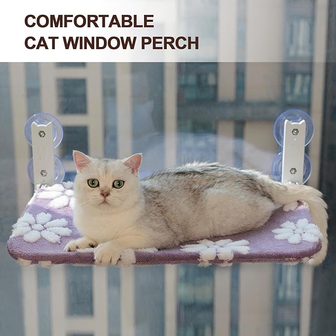 Cat Window Perch, Foldable Cat Window Hammock with Cute 3D Textured Flower Cover and Strong Suction Cups, Cordless Window Seat Bed for Indoor Cats (Purple, Large)