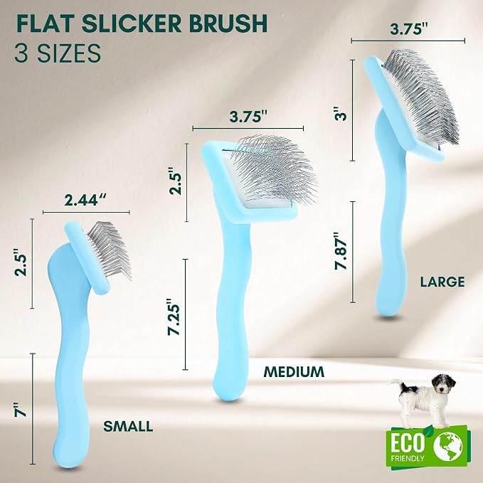 Slicker Brush for Dogs - Long Pin for Poodles, Doodles & Long Haired Dogs, Deshedding & Dematting Tool, Slicker Dog Brushes for Grooming (3 Baby Blue, Flat Large Bundle)
