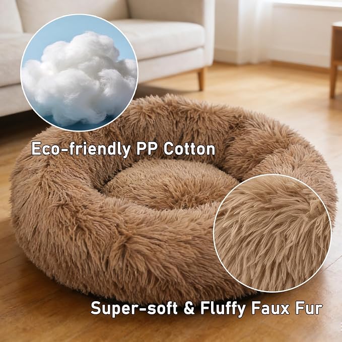 Calming Donut Dog Beds Large Sized Dog - Washable Removable Cover Non-Slip, Round Pet Bed Warming Fluffy Plush Faux Fur Anti-Anxiety Thick Cushion, Fits up to 80 lbs (Camel, 36")