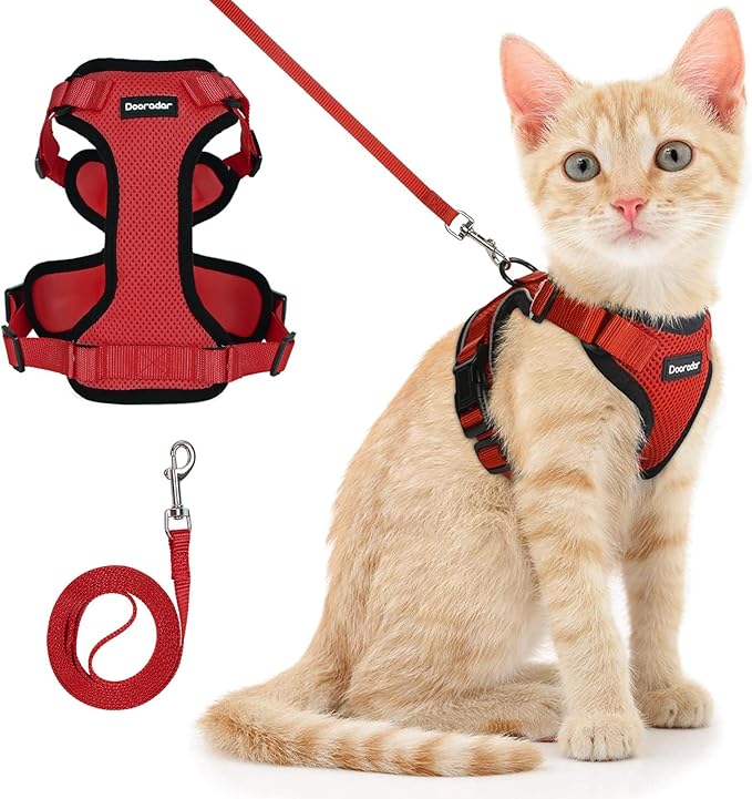 Dooradar Cat Harness and Leash Set, Escape Proof Safe Adjustable Kitten Vest Harnesses for Walking, Easy Control Soft Breathable Mesh Jacket with Reflective Strips for Cats, Red, S