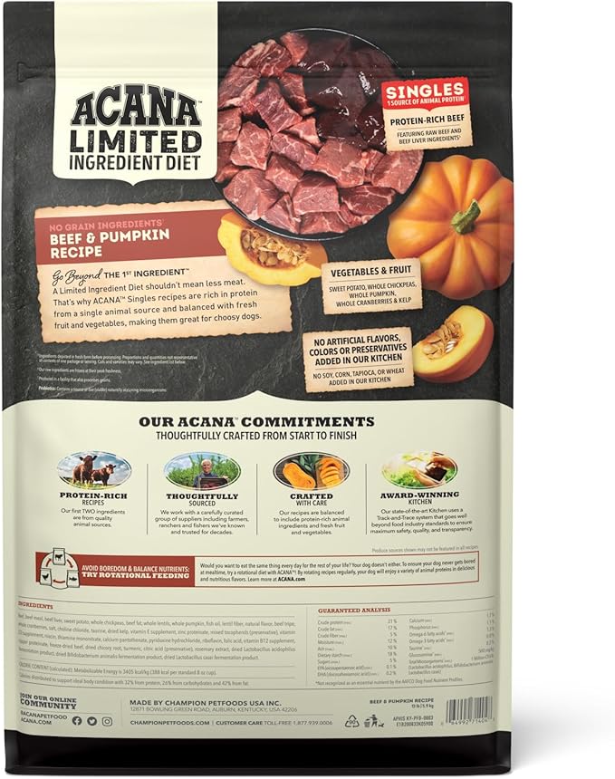 ACANA Singles Limited Ingredient Grain Free High Protein Dry Dog Food Beef & Pumpkin Recipe 13lb Bag