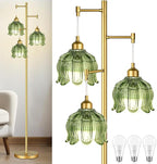 Vintage Floor Lamps for Living Room Bedroom-3 Light Gold Floor Lamp with Glass Lampshape, Flower Green Tall Lamp Mid Century Modern Standing Lamp Tree Floor Lamp for Bedroom Living Room Corner