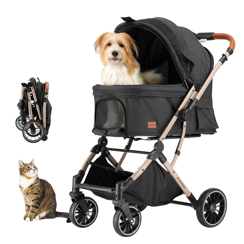 EchoSmile Small Medium Dogs Stroller 4-Wheel Pet Strollers for Medium Dogs Up to 50lbs, One Click Folding Large Cat Stroller, Reversible Handle, Shock Absorbing Wheels, Removable Washable Pad