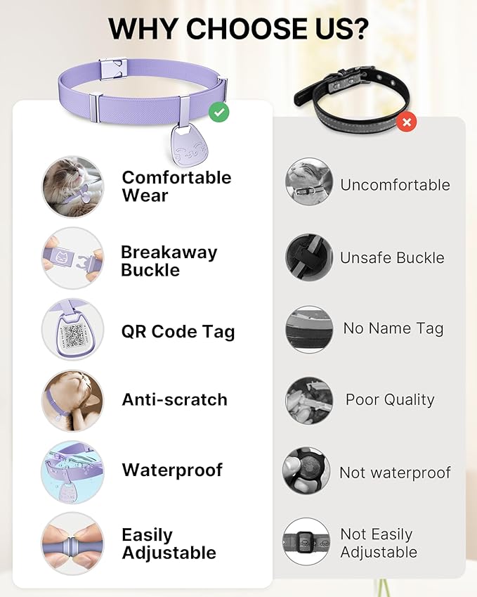 Cat Collar with QR Code Name Tag, Breakaway Kitten Collar for Boy & Girl Cats, Ultra Soft Elastic Adjustable Band, Safety Break Away Buckle, Comfortable & Secure Pet ID Collar (6"-12"), Purple