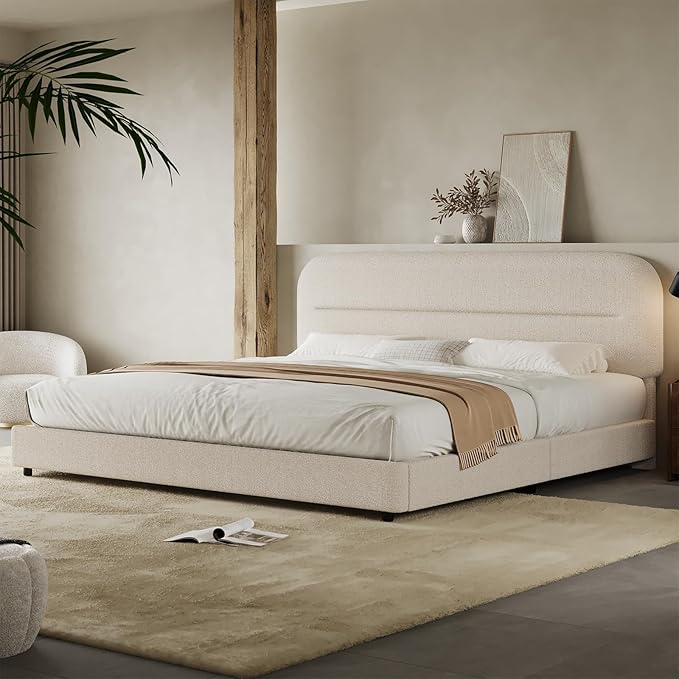 HOMBCK King Size Bed Frame, Upholstered Boucle Bed Frame King with Headboard, Soft Cloud Bed Frames with Thickened Footboard, Rounded Corners, No Box Spring Required, Easy Assembly, Cream