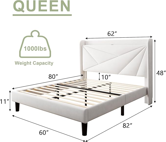Feonase Queen Size Bed Frame with Charging Station, Velvet Upholstered Platform Bed Frame with Wingback Storage Headboard, Solid Wood Slats Support, No Box Spring Needed, Noise Free, White