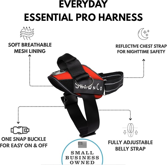 ShawnCo Essential Pro Dog Harness, No-Pull Pet Vest with 3 Leash Clips and Removable, Reflective Side Patches, Adjustable and Padded Harness for Small, Medium and Large Dogs (Mustang Red, L)