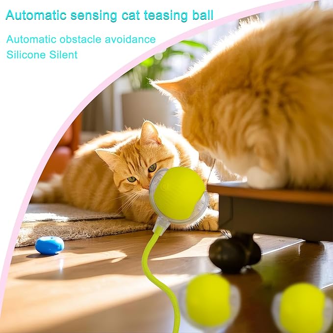 Interactive Cat Dog Toy Ball: Indoor Small Automatic Moving Smart Rolling Fun Pet Game with Led Light and String Tail for Motion Activated, Cute Kitten Puppy Present, Exercise Wheel Supplies (Yellow)