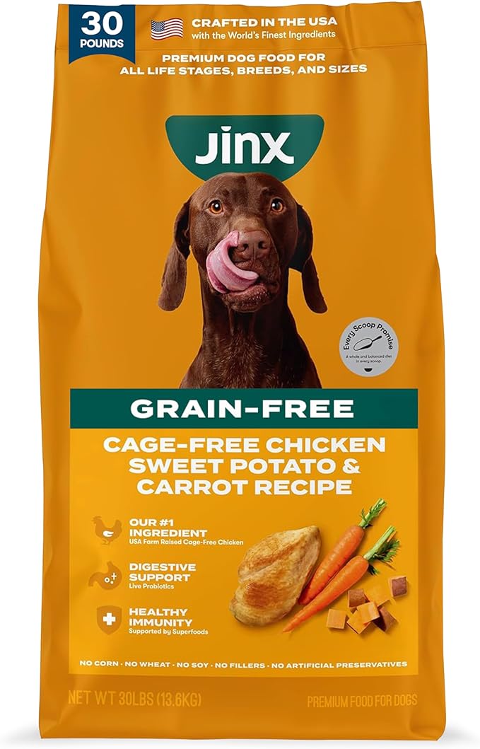 Jinx Premium Grain-Free Dry Dog Food, for All Lifestages - Real Chicken, Sweet Potato & Carrot Kibble with Superfoods for Immune Support & Probiotics for Digestive Support - No Fillers -30lb