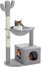 Cactus Cat Tree Cat Scratching Post 40" Cat Tower with Large Metal Carpet Hammock, Cat Scratching Post for Indoor Cats with Condo& Dangling Ball, Grey
