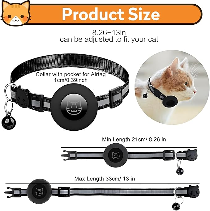 Airtag Cat Collar with Bell, Reflective Nylon Kitten Collar with Apple Air Tag Holder and Breakaway Safety Buckle for Puppy Girl Boy Cats, 3/8" in Width and Lightweight, Fluorescent