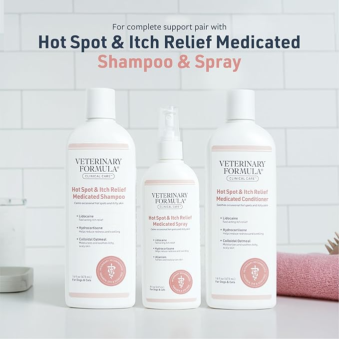 Veterinary Formula Clinical Care Hot Spot & Itch Relief Cat & Dog Medicated Conditioner, 16 oz – Oatmeal Conditions Skin for a Lustrous Coat, Formulated to Help Alleviate Itchy Skin