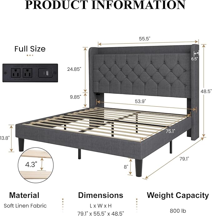 SHA CERLIN Full Size Platform Bed Frame with Charging Station, Velvet Wingback Headboard with Storage shelf, Wooden Slats Support, Ample Under-Bed Space, No Box Spring Needed, Easy Assembly, Dark Grey