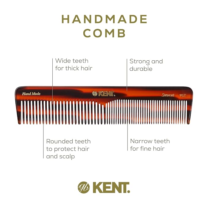 Kent 16T Tortoise Fine Tooth and Wide Tooth Comb for Daily Grooming, Styling Comb for All Hair Types, Wet or Dry Hair Detangling Combs for Men and Women,Saw Cut Hand Polished, Made in England