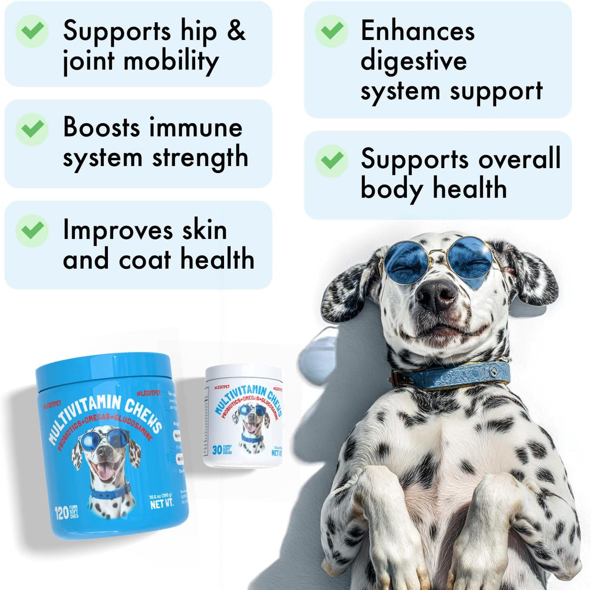 Dog Vitamins - 120 Multivitamins Chews w/Glucosamine Chondroitin, Probiotics Digestive Enzymes and Omegas - Supplement for Overall Health - Joint Support, Immune Health, Skin and Heart Health