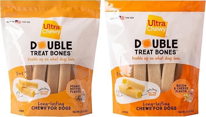 Ultra Chewy Double Treat Bones: Long-Lasting Treats Made in USA for Large and Small Breeds, Highly Digestible, for Aggressive Chewers (Peanut Butter and Bacon Cheese Flavor, 2 Packs)