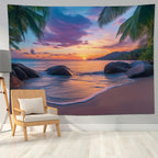 keowhsf Beach Sunset Ocean Tapestry – Tropical Palm Trees Wall Decor with Warm Orange Sky, Summer Seaside Landscape Wall Hanging for Bedroom Living Room Dorm