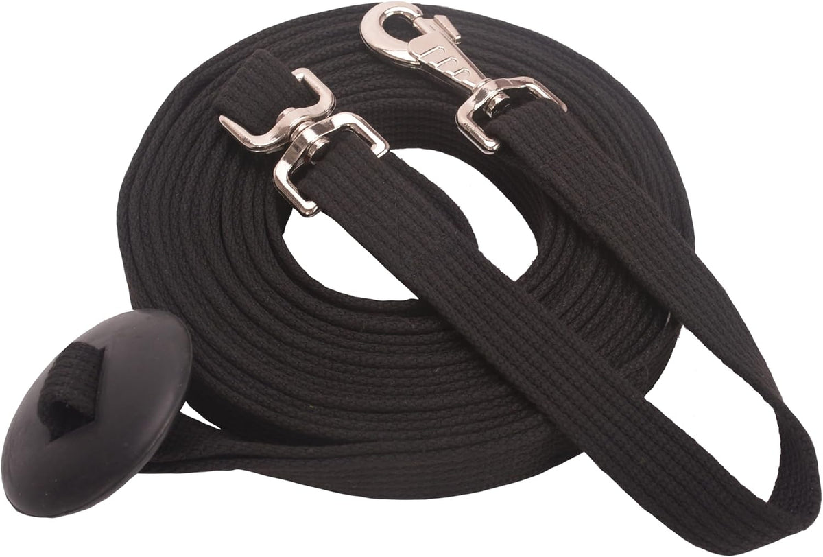 Cord Cotton Lunge Line with Rubber Stop，Equine Lunge Line for Horses with Swivel Bolt Snap，24 ft (Black, 24ft)