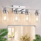 4 Light Bathroom Light Fixtures, Chrome Vanity Lights with Clear Glass Shades, Modern Bathroom Light Fixtures Over Mirror, Modern Bathroom Wall Lamp for Mirror Living Room Cabinet