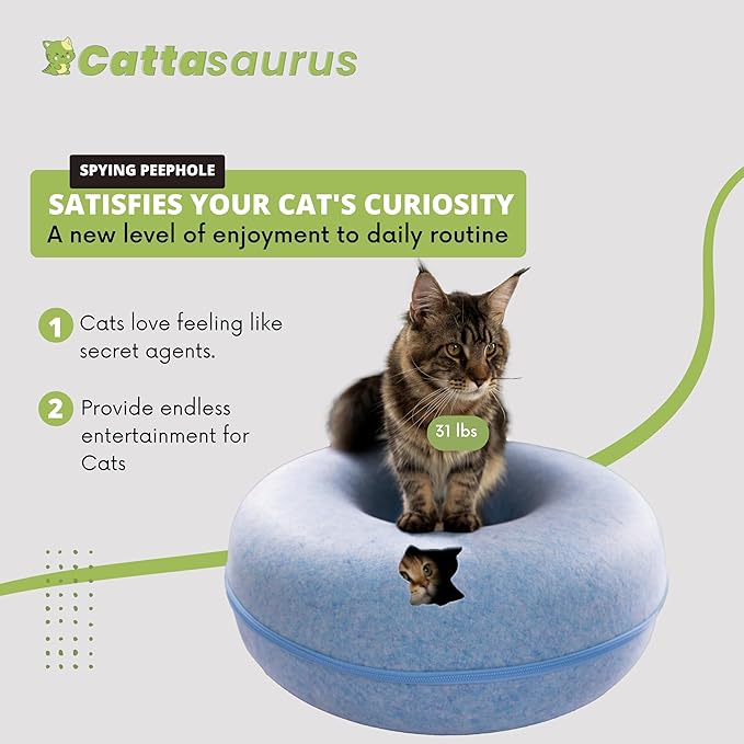CATTASAURUS Peekaboo Cat Cave for Multiple & Large Cats Up to 30-45 Lbs, Scratch Detachable & Washable Tunnel Bed, Comfy Donut Cat Cave (Blue, Jumbo)